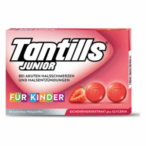 Verpackung von Tantills Junior Halspastillen für Kinder, rosa mit Erdbeermotiv und Hinweis auf Zuckerverfreiheit.