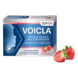 Packung mit 24 Voicla Weichpastillen für Hals, Rachen und Stimmbänder, mit Erdbeer-Geschmack und Vitaminen.