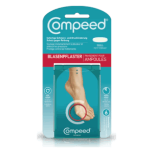 Packung mit Blasenpflaster von Compeed, zeigt Fuß und Hinweise zu Anwendung und Größenangabe.