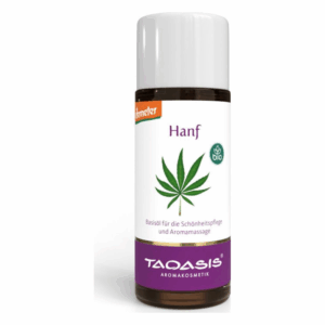 Flasche mit Bio-Hanföl für Schönheits- und Aromamassagepflege, Verpackung mit grünem Blatt-Logo.