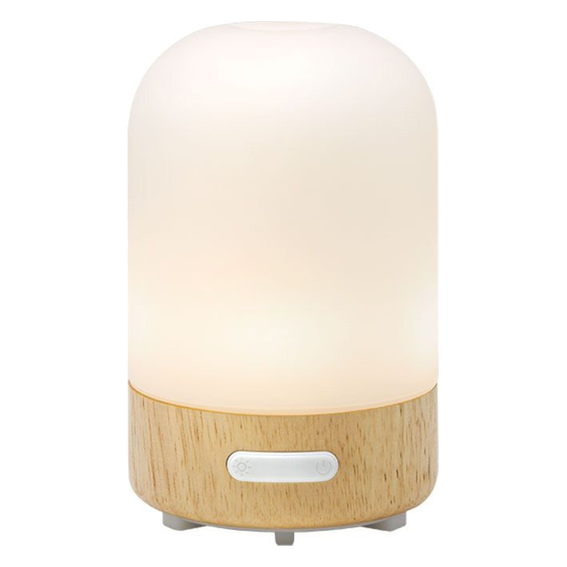 Eine moderne Lampe mit einem kuppelförmigen, opalenen Lampenschirm und einem Holzfuß.