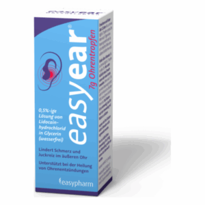 Verpackung von easyear Ohrentropfen mit blauer und weißer Beschriftung zur Linderung von Ohrenschmerzen.