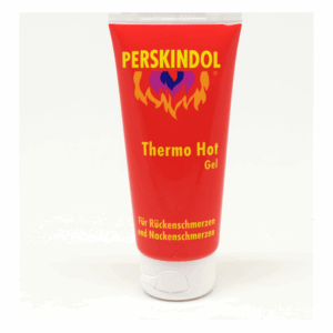 Rote Tube mit Perskindol Thermo Hot Gel, beschriftet für Rückenschmerzen und Nackenschmerzen, mit weißem Deckel.