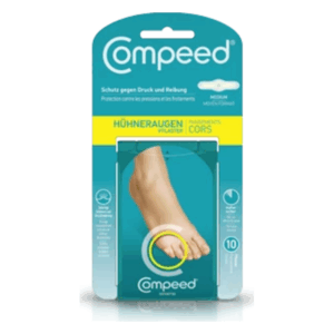Verpackung von Compeed Hühneraugenpflastern in mittelgroßer Größe mit einem Fußabbild und Schutzbeschreibung.