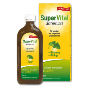 Flasche SuperVital Lecithin Elixier in braun mit gelbem Etikett, umgeben von der Verpackung, die Ginseng und Ginkgo anpreist.