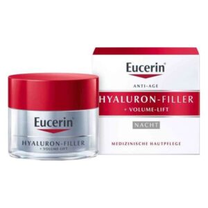 Eucerin Hyaluron-Filler Nachtcreme in einem durchsichtigen Glasbehälter mit rotem Deckel und Verpackung.