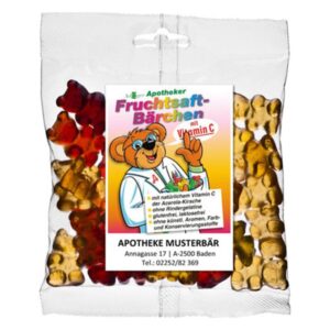 Tüte Fruchtgummibärchen in verschiedenen Farben mit Vitaminen und einem lächelnden Bären auf dem Etikett