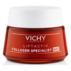 Rot-glänzender Tiegel mit weißem Deckel, beschriftet mit "VICHY LIFTACTIV COLLAGEN SPECIALIST NUIT".