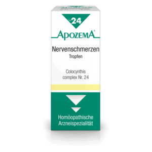 Packung für homöopathische Tropfen gegen Nervenschmerzen, mit grünem und weißem Design sowie gelber Markierung.