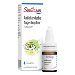 Antiallergische Augentropfen in einer braunen Flasche mit weißem Tropfverschluss, verpackt in einer weißen Box.