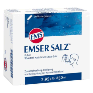 Verpackung von EMSER SALZ, einem natürlichen Pulver zur Nasenschleimhautbehandlung in Dosierbeuteln.