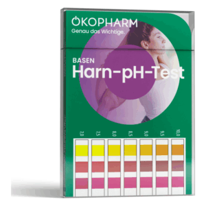 Packung des OKOPHARM Harn-pH-Tests mit Farbskala zur Messung des Urin-pH-Werts und Abbildung eines sportlichen Menschen.