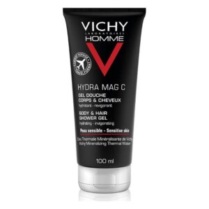 Schwarze Tube mit weißer und roter Schrift für ein Duschgel von Vichy für Körper und Haare, 100 ml.