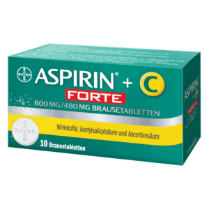 Packung mit 10 Brausetabletten ASPIRIN FORTE, 800 mg/480 mg, mit Wirkstoffen Acetylsalicylsäure und Ascorbinsäure.