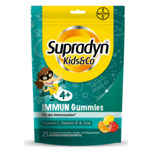 Verpackung von Supradyn Kids&Co IMMUN Gummies, farbenfroh mit Superhelden-Motiv, bewirbt Vitamine für das Immunsystem.