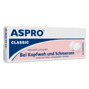 Packung mit 30 weißen Tabletten von ASpro Classic, zur Linderung von Kopfweh, Schmerzen und Fieber.