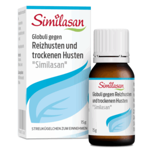 Flasche mit Globuli gegen Reizhusten und trockenen Husten von Similasan, verpackt in einer Produktbox.