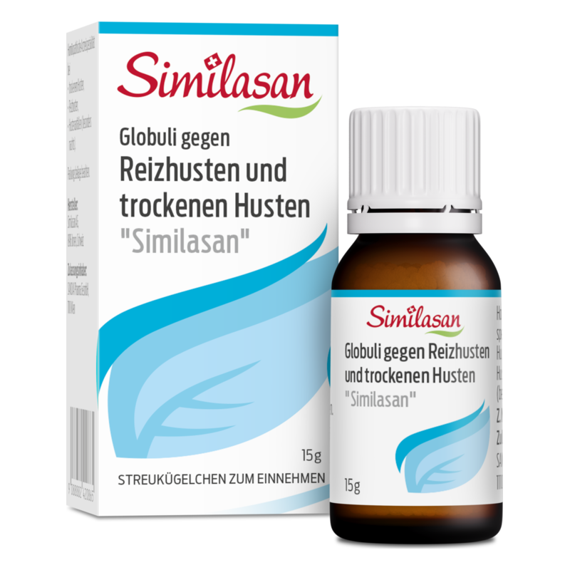 Flasche mit Globuli gegen Reizhusten und trockenen Husten von Similasan, verpackt in einer Produktbox.