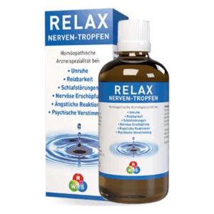 Braune Flasche mit homöopathischen Tropfen namens "RELAX NERVEN-TROPFEN" und deren Verwendungshinweisen auf der Verpackung.