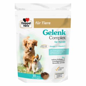 Verpackung des Produktes "Gelenk Complex für Hunde" mit zwei spielenden Hunden im Vordergrund und Betonung auf Gesundheit und Unterstützung der Gelenke.