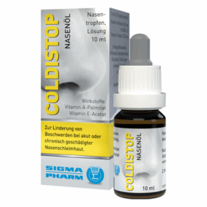 Braune Flasche mit Pipette, umgeben von einer gelb-blauen Verpackung mit Informationen zu Nasentropfen und Wirkstoffen.