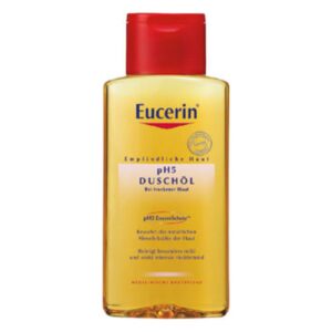 Flasche Eucerin pH5 Duschöl mit rotem Deckel, geeignet für trockene Haut, enthält pH5 Enzymschutz.