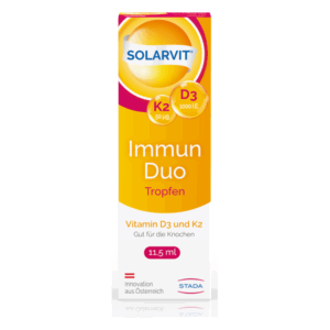 Packung mit Solarvit Immun Duo Tropfen, enthält Vitamin D3 und K2, 11,5 ml, gelb-orange Design.