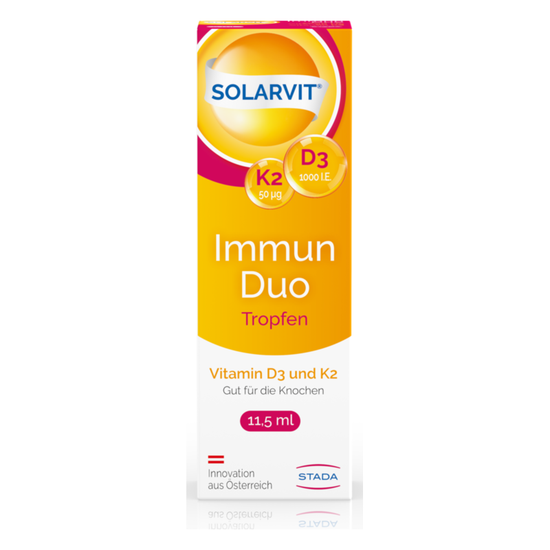 Packung mit Solarvit Immun Duo Tropfen, enthält Vitamin D3 und K2, 11,5 ml, gelb-orange Design.