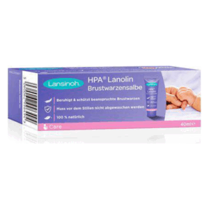 Lansinoh HPA Lanolin Brustwarzensalbe in einer violetten Verpackung mit beruhigenden Eigenschaften für beanspruchte Brustwarzen.