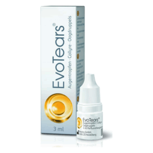 EvoTears Augentropfen in einer weißen Verpackung mit gelben Symbol und Dosierflasche, 3 ml.