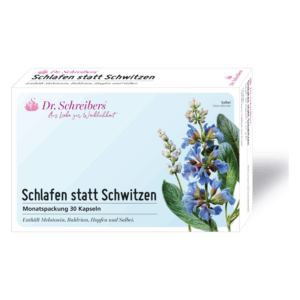 Verpackung mit dem Titel 'Schlafen statt Schwitzen', zeigt eine Illustration von Salbei und anderen Pflanzen.