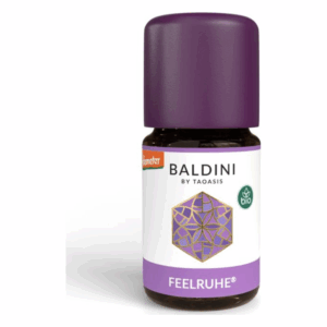 Braunglasflasche mit lila Kappe, etikettiert als Baldini Feelruhe, bio, von Taoasis.