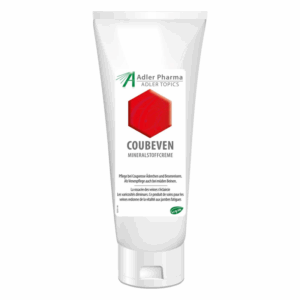 Tube mit mineralstoffreicher Creme namens Coubeven zur Behandlung von Couperose und venösen Beschwerden.