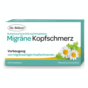 Verpackung von Dr. Böhm Mutterkraut forte 200 mg Filmtabletten gegen migräneartige Kopfschmerzen, mit Pflanzenmotiven.