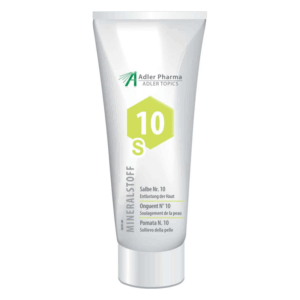 Weißer Tube mit grüner Hexagon-Kennzeichnung, enthält Mineralstoffe zur Hautentlastung, für verschiedene Sprachen beschriftet.