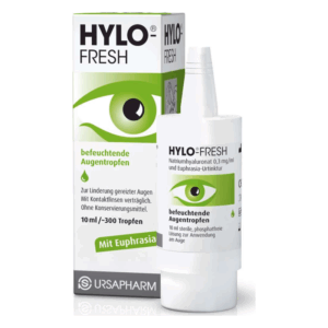 Flasche mit befeuchtenden Augentropfen in einer Verpackung, grüne Akzente und Augenmotiv, 10 ml Inhalt.