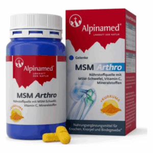 Blaues Fläschchen mit gelben Kapseln und roter Verpackung für das Nahrungsergänzungsmittel MSM Arthro zur Unterstützung der Gelenke.