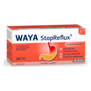 Packung von WAYA StopReflux zur Behandlung von Refluxkrankheit mit Ice Lemon Geschmack, 14 Beutel à 10,8 g.