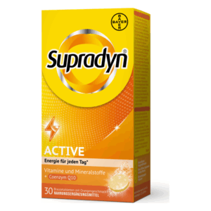 Supradyn ACTIVE Nahrungsergänzungsmittel in orange Verpackung mit Vitaminen, Mineralstoffen und Coenzym Q10.