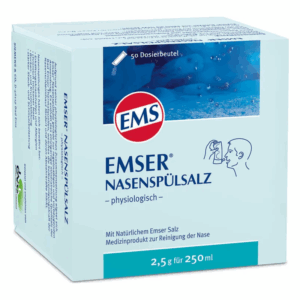 Weißer Karton mit der Aufschrift 'Emser Nasenspülsalz' und einer Abbildung eines Dosierbeutels. 50 Beutel enthalten.