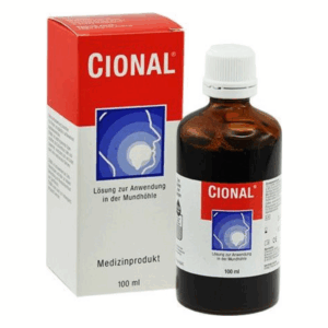 Braune Flasche mit CIONAL Lösung für die Mundhöhle, verpackt in einer roten und weißen Schachtel.