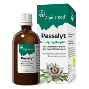 Braunes Fläschchen mit Beruhigungstropfen "Passelyt" und einer Verpackung mit grüner Schrift und Passionsblume.