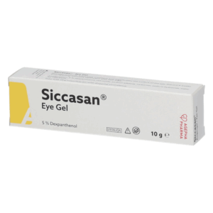 Verpackung von Siccasan Eye Gel mit 5 % Dexpanthenol in einer sterilen Tube, 10 g.