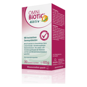 Packung von OMNi-BiOTiC Aktiv mit Informationen zu probiotischen Darm-Symbiotika, vegan und mit 30 Portionen.