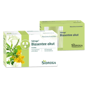 Verpackung von Sidroga Blasentee akut, einem pflanzlichen Arzneimittel in zwei Kartons, mit aromatisierten Filterbeuteln.