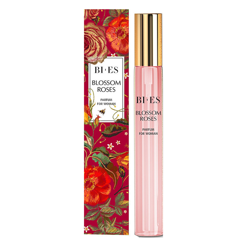 Flasche mit rosafarbenem Parfum 'Blossom Roses' und dekorativem, blütenmotiviertem Karton.