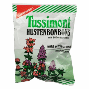 Verpackung von Tussimont Hustenbonbons mit bunten Blumenillustrationen und dem Hinweis "zuckerfrei".