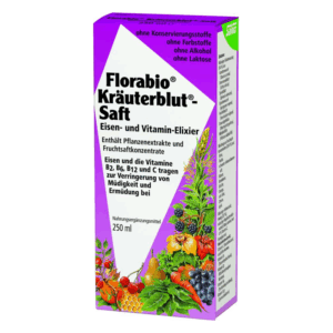 Florabio Kräuterblut-Saft in einer lila Verpackung, beschrieben als Eisen- und Vitamin-Elixier mit Pflanzenextrakten.