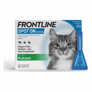 Verpackung von Frontline Spot on für Katzen, mit abgebildeter Katze und blauer Pipette zur Anwendung gegen Parasiten.