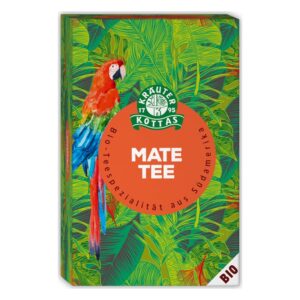 Verpackung von Bio-Mate-Tee mit einem bunten Papagei und grünen Blättern im Hintergrund.